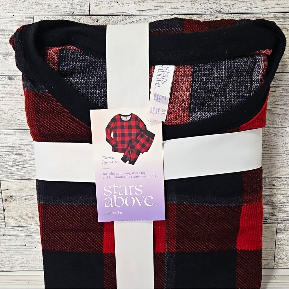 Stars Above Womens Thermal Plaid Pajama Set XL Red/Black Crew Long Sleeve